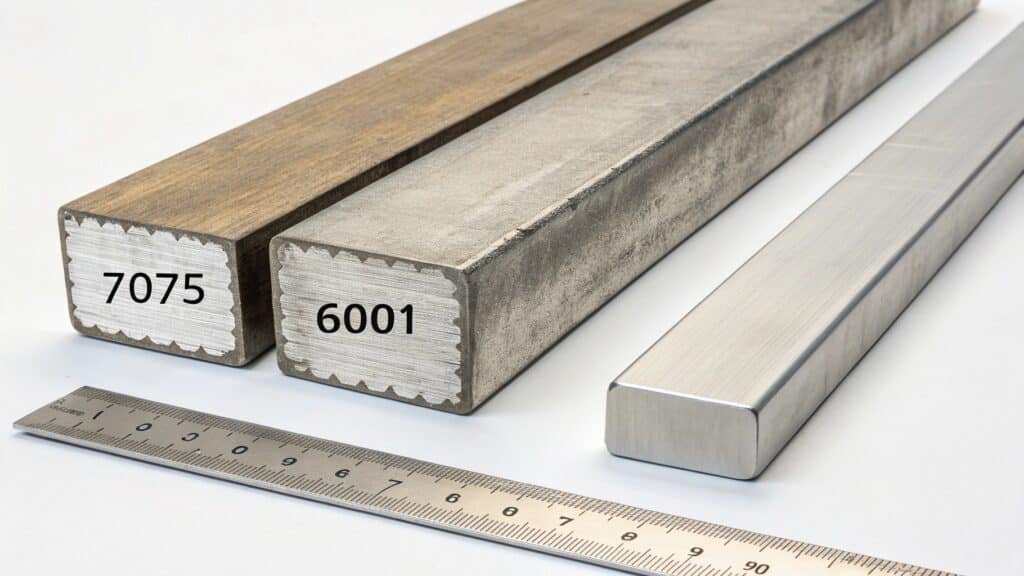 An image showing a piece of 7075 aluminum with visible signs of corrosion or stress cracks, or perhaps a diagram illustrating a weakened weld joint in 7075 compared to a stronger 6061 weld.